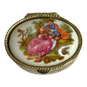 Vintage Fragonard Style Porcelain Top Gold Tone Vintage Trinket Box Pill Box